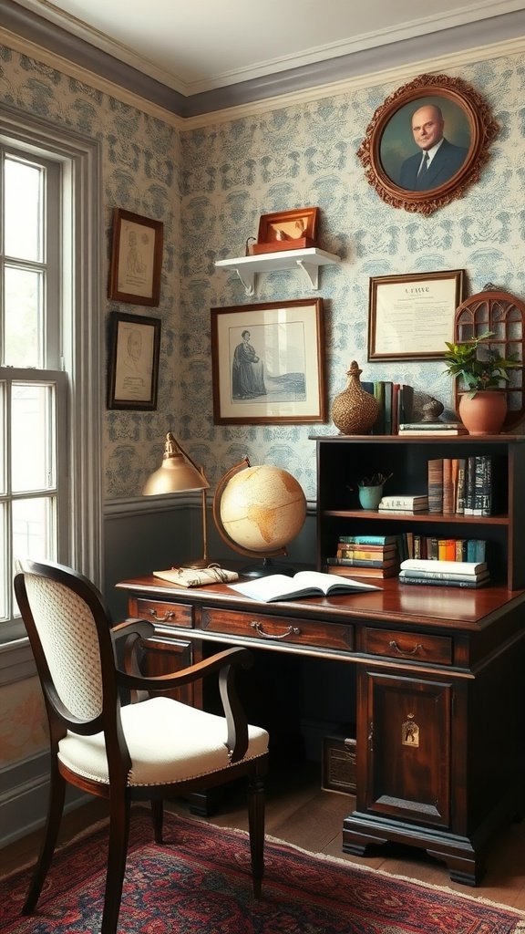 A vintage study nook featuring a wooden desk, comfortable chair, globe, and framed artwork on the walls.