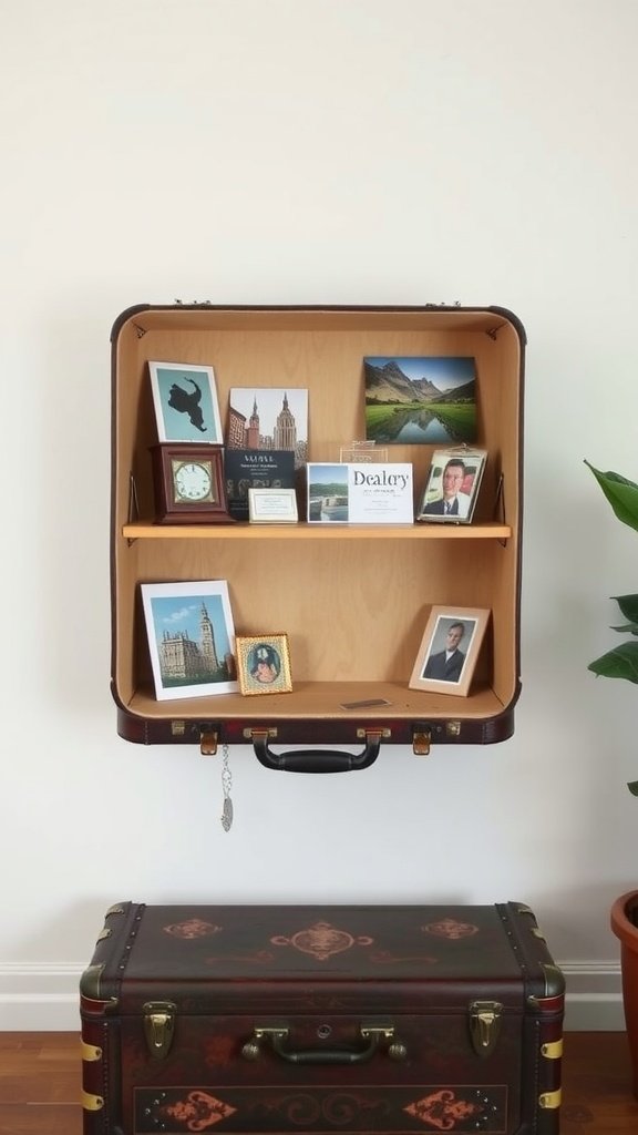 A vintage suitcase turned into a floating shelf with photos and a clock displayed.