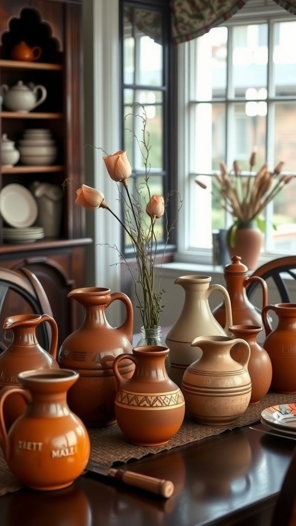 A collection of vintage terracotta jugs on a table with dried flowers.
