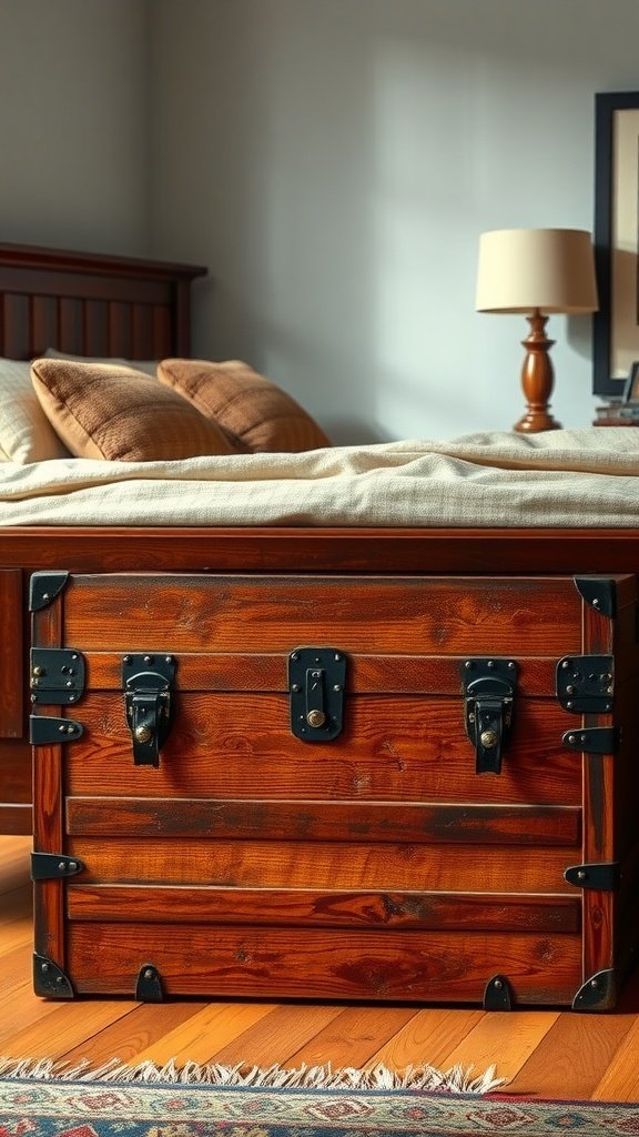 Vintage wooden trunk at the foot of a bed in a cozy bedroom