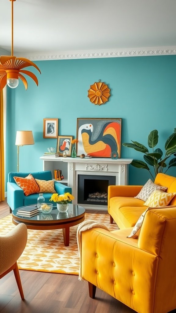 A living room featuring teal walls and mustard yellow furniture, showcasing a stylish color palette.