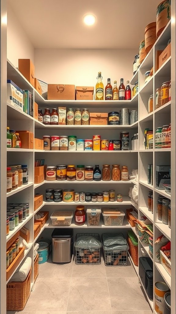 A well-organized walk-in pantry with shelves filled with food items, jars, and storage bins.