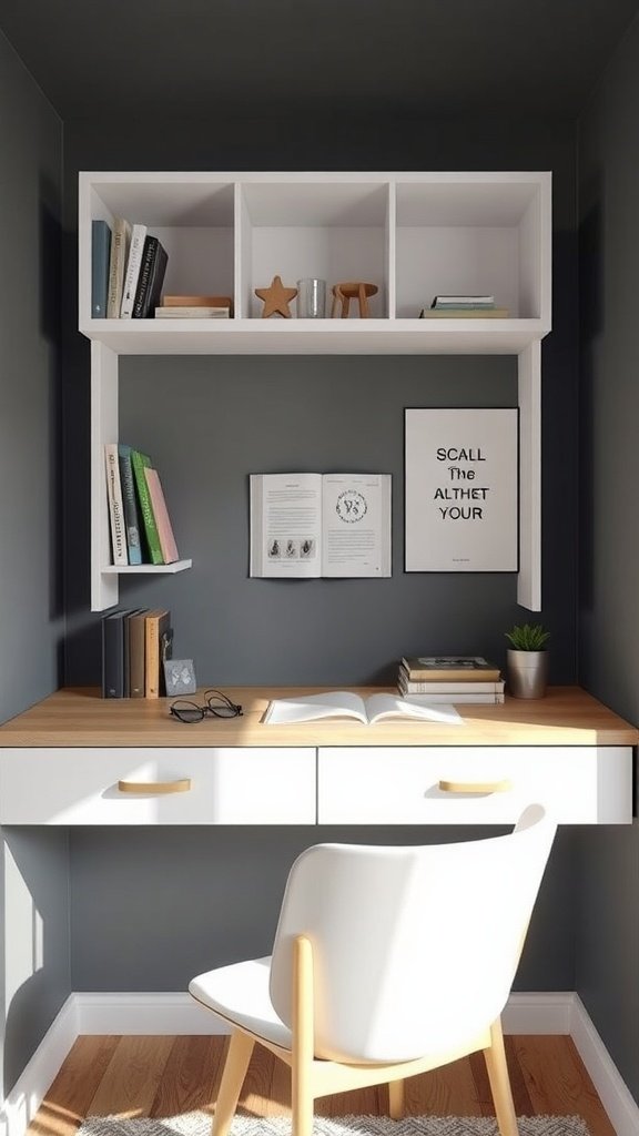 A stylish wall-mounted desk area featuring shelves with books, a plant, and a modern chair.