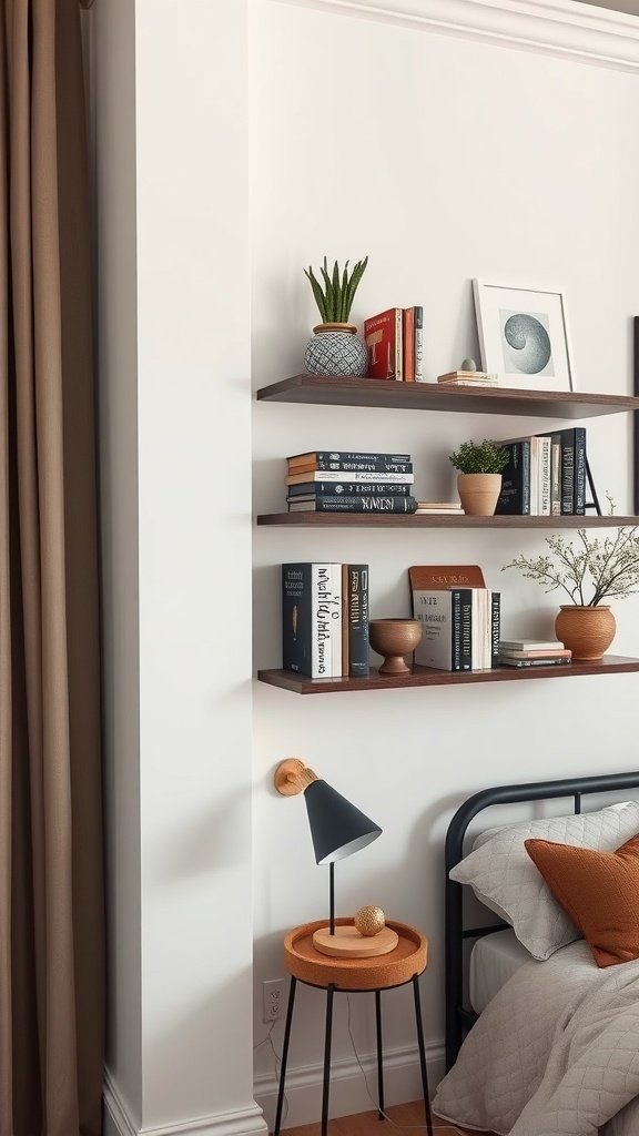 Stylish wall-mounted shelves displaying books and plants in a cozy bedroom.