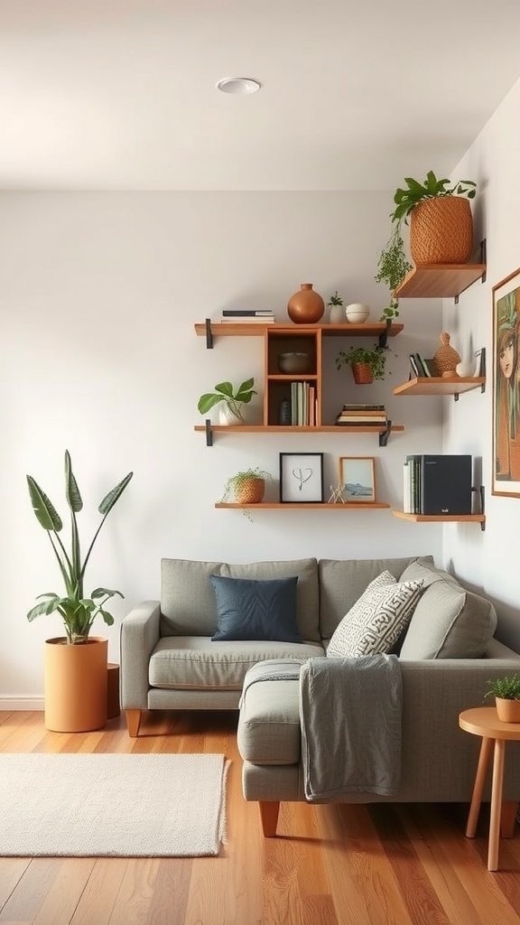A cozy small living room featuring wall-mounted shelves with books, plants, and decorative items.