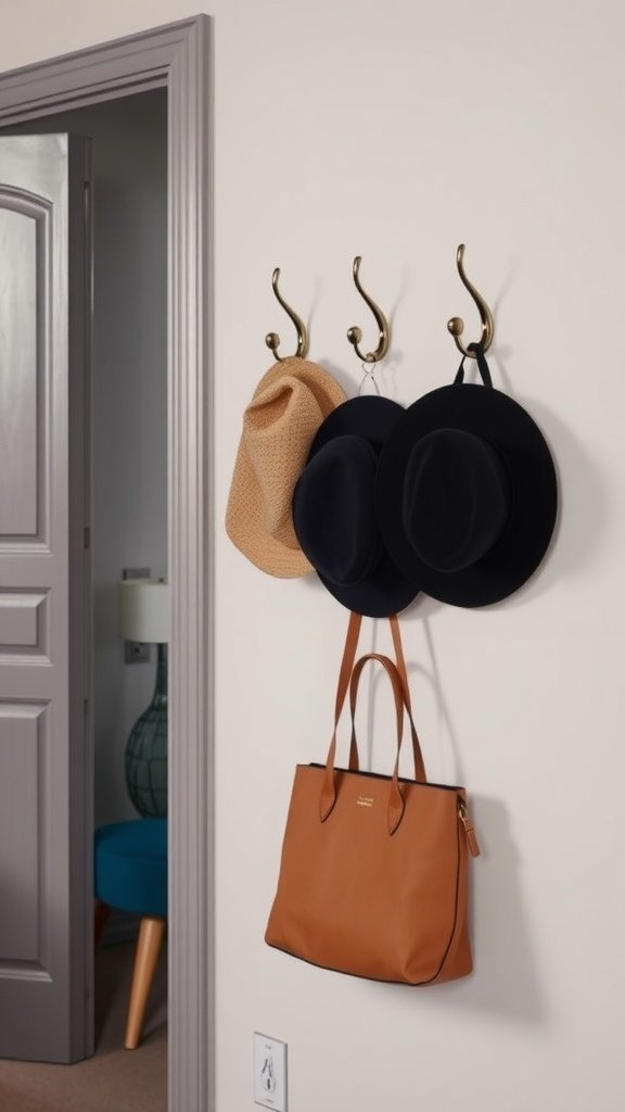 Wall hooks displaying bags and hats in a small bedroom setting.