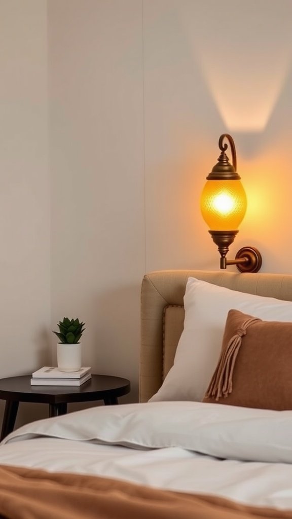 Cozy bedroom with warm wall sconces on either side of the bed.