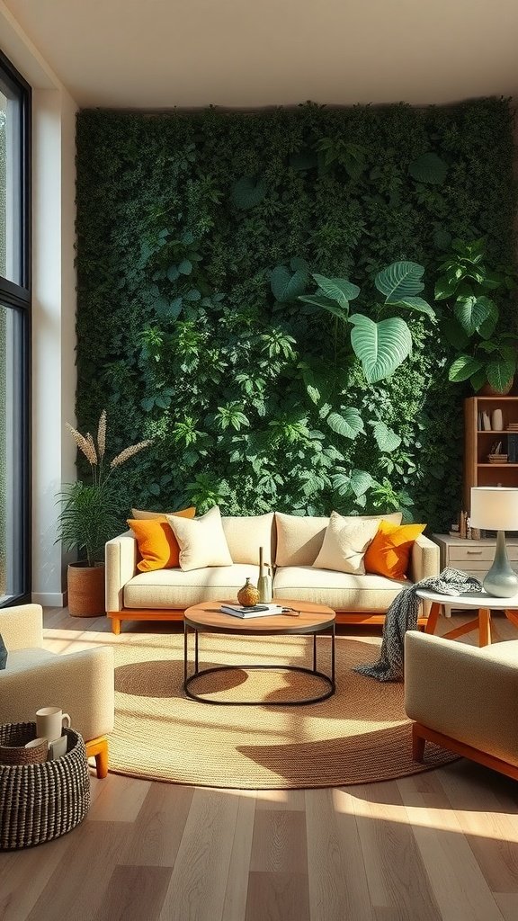 A cozy living room with warm beige sofas, deep green plants, and a round coffee table.