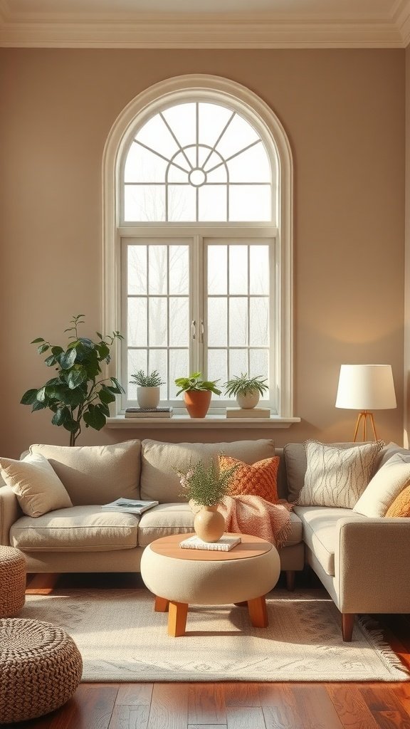 A serene living room featuring warm biscuit tones with a comfortable couch, decorative plants, and soft lighting.