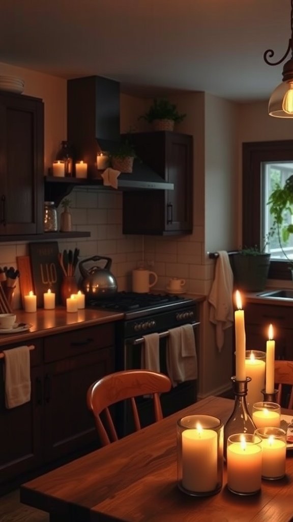 Warm kitchen with candles and dramatic lighting.