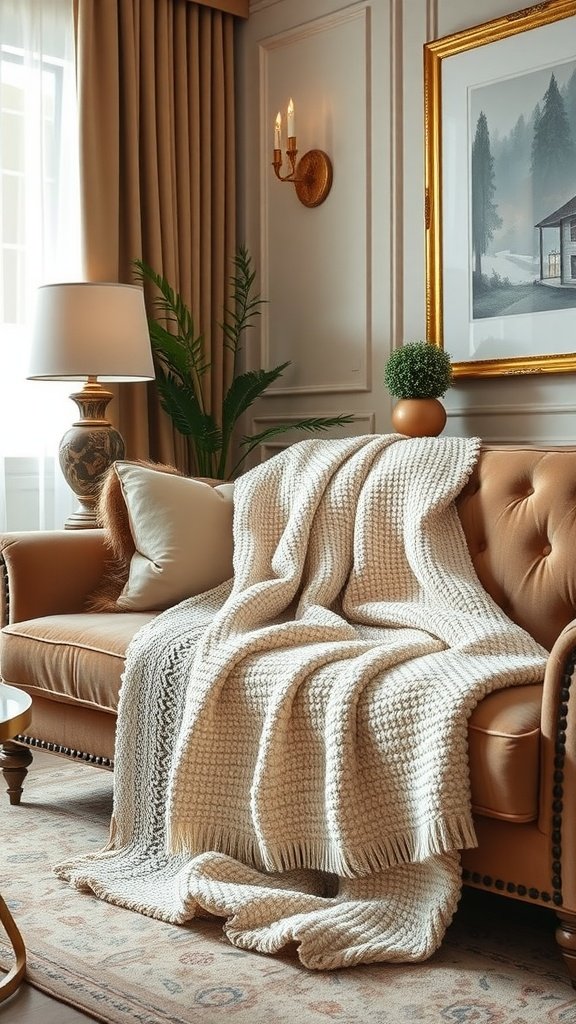 A cozy living room featuring a warm chenille throw draped over a stylish sofa.