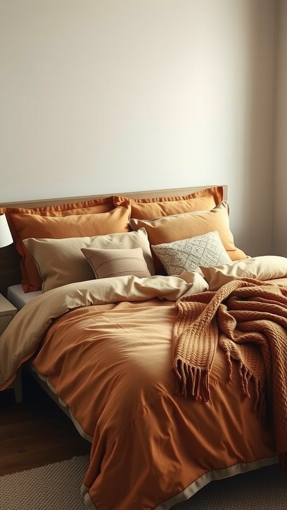 A cozy bedroom with warm color-scheme bedding in soft oranges and creams.