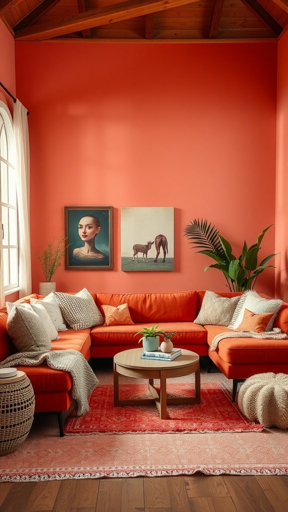 A living room with warm coral walls and an orange sectional sofa, decorated with plants and artwork.
