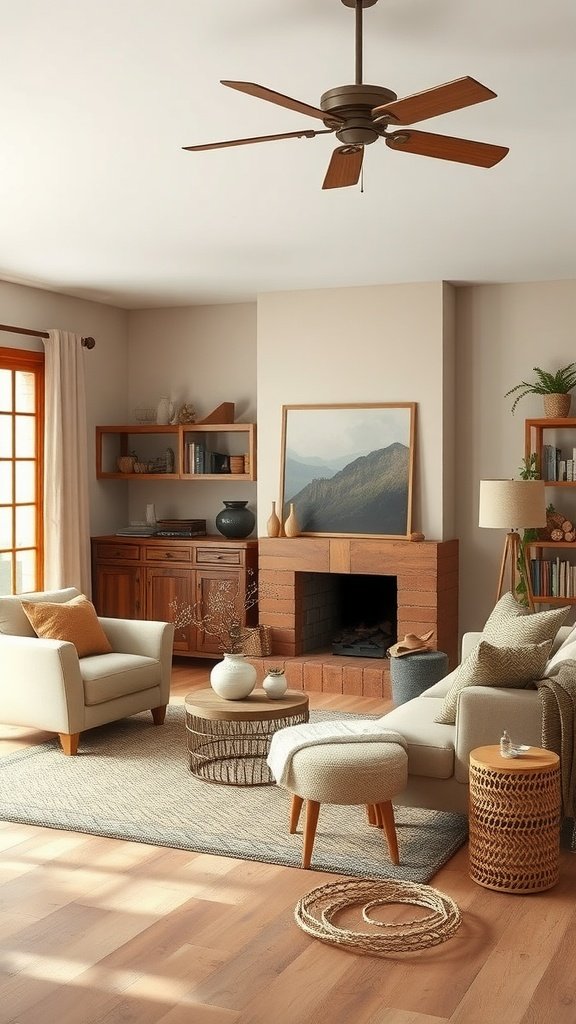Cozy rustic living room featuring warm earthy colors and vintage decor.