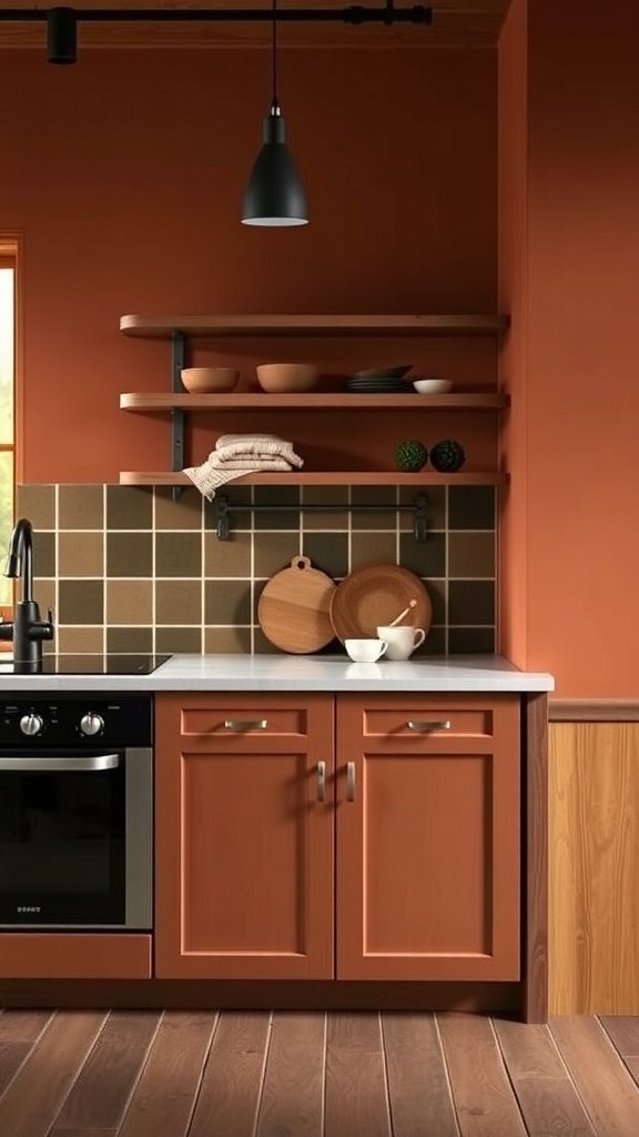 A cozy kitchen featuring terracotta cabinets, olive accents, and warm wood tones.