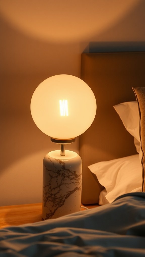 A marble lamp emitting a warm glow beside a bed.