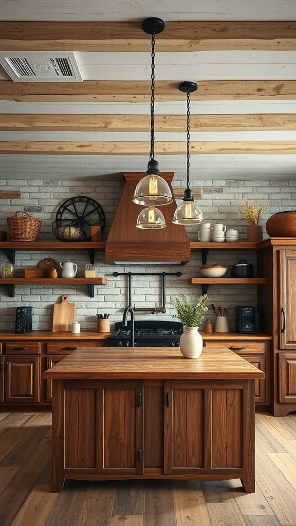 Cozy kitchen with pendant lights and rustic decor.
