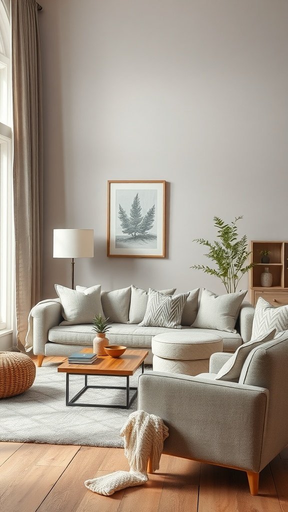 Warm gray and beige living room with cozy seating and natural decor.