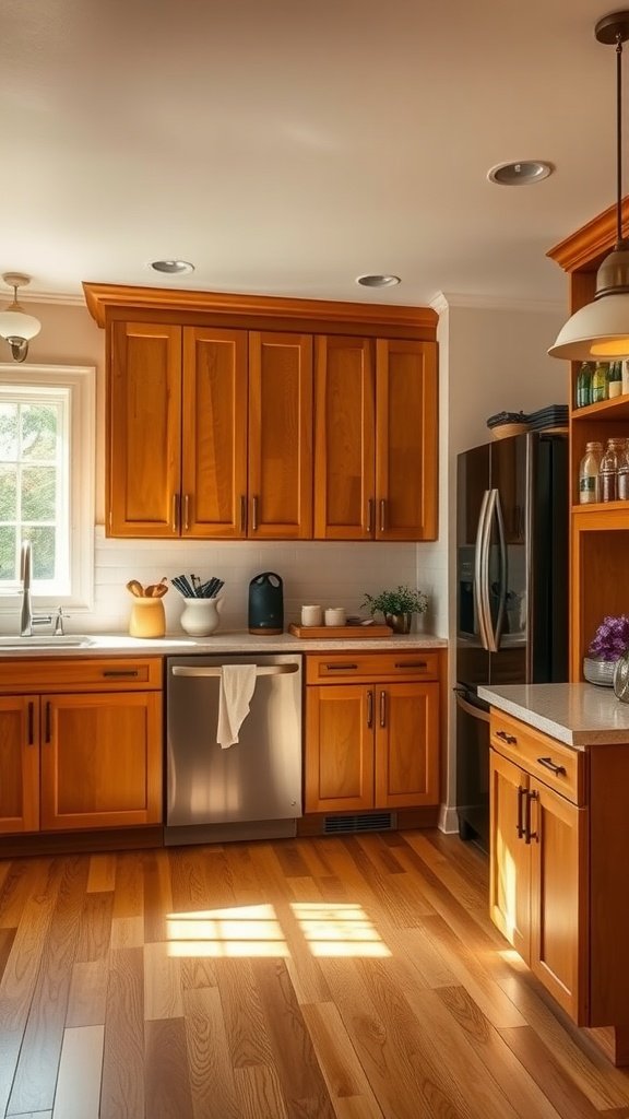 A kitchen featuring warm honey maple cabinets with sunlight streaming in.