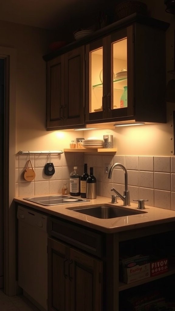 Under-cabinet lighting illuminating a kitchen sink area.