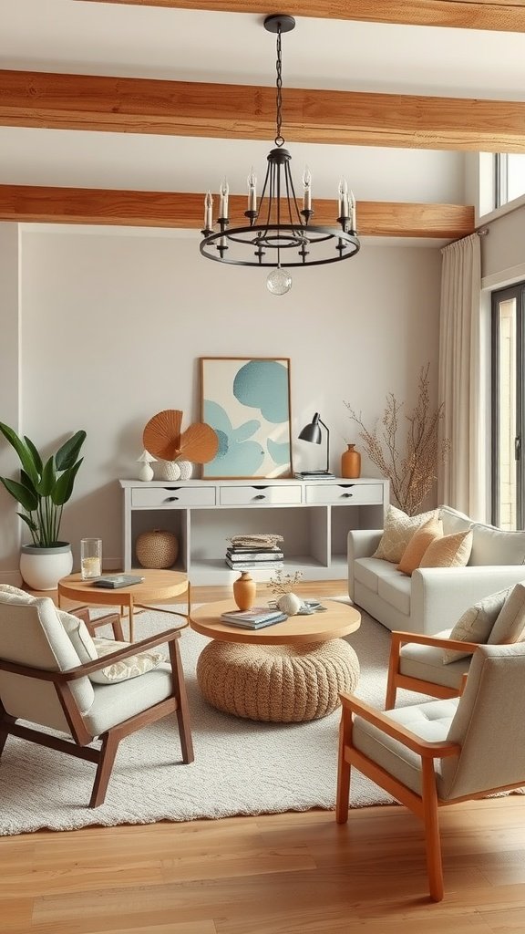 A warm neutral living room featuring cozy sofas, a wooden floor, plants, and decorative items.