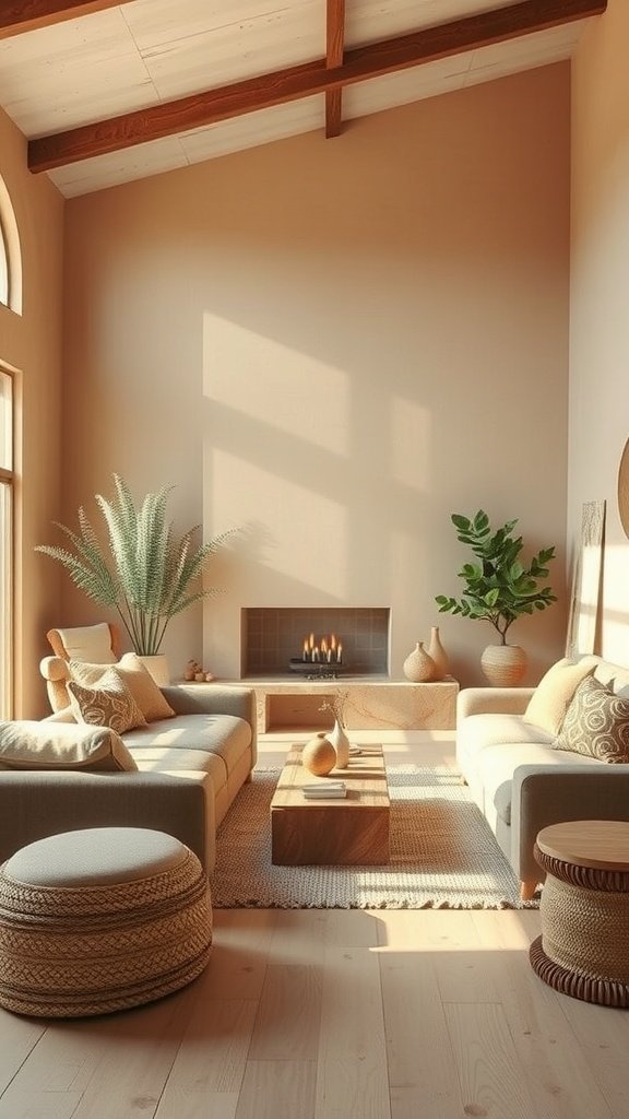 Cozy living room with warm sand tones, natural textures, and plants