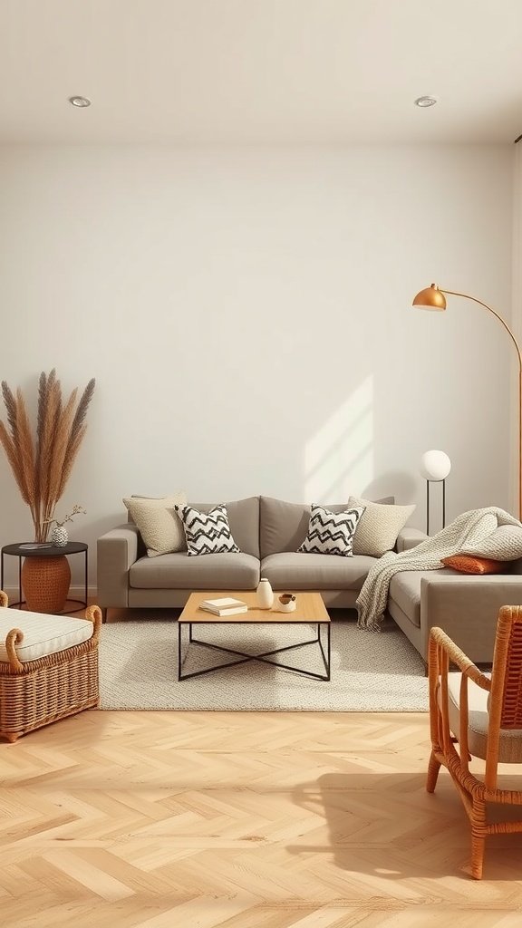 A serene neutral living room with soft tones, a comfortable couch, and warm textures.
