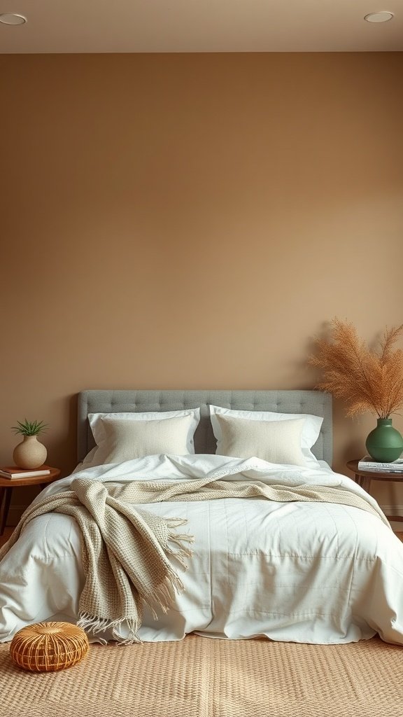 A cozy bedroom featuring warm taupe walls, olive green accents, and soft bedding.