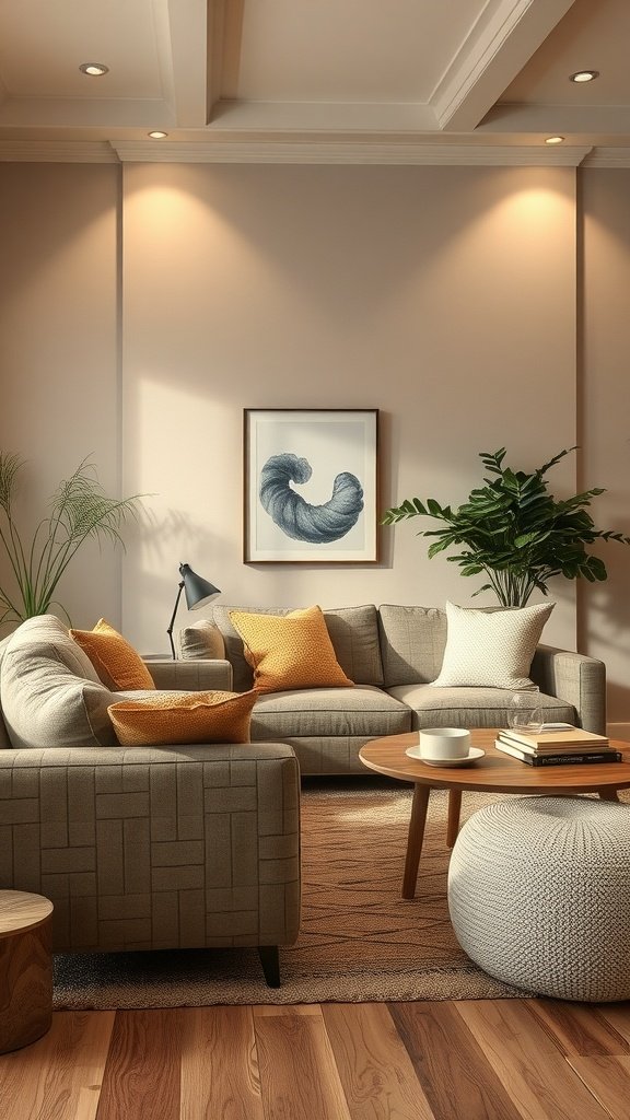 A cozy living room featuring warm taupe tones with stylish furnishings.