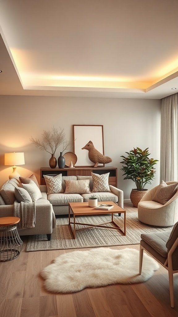 A warm taupe living room featuring a cozy sofa, wooden coffee table, and lush green plants.