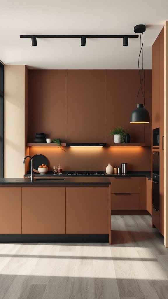 A modern kitchen featuring warm taupe cabinetry and black accents.