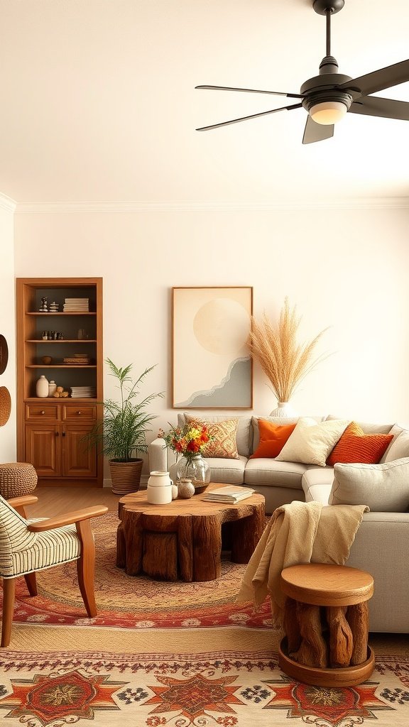 A cozy living room featuring warm terracotta and cream colors with a stylish sofa, wooden furniture, and decorative plants.