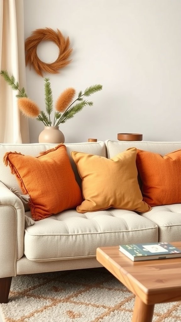 Warm terracotta throw pillows on a light sofa, adding a cozy touch to the living room.