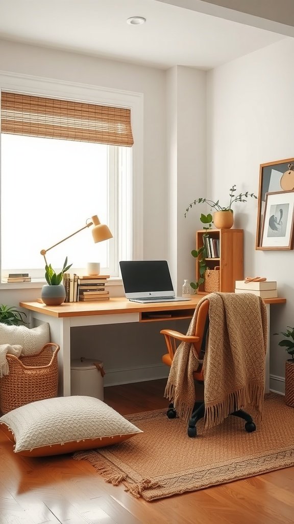 Cozy home office with warm textiles, desk, and plants