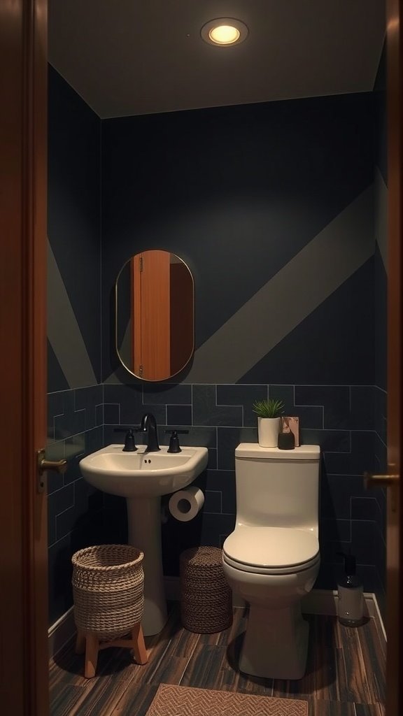 A small dark bathroom with asymmetric stripes, featuring warm-toned decor.