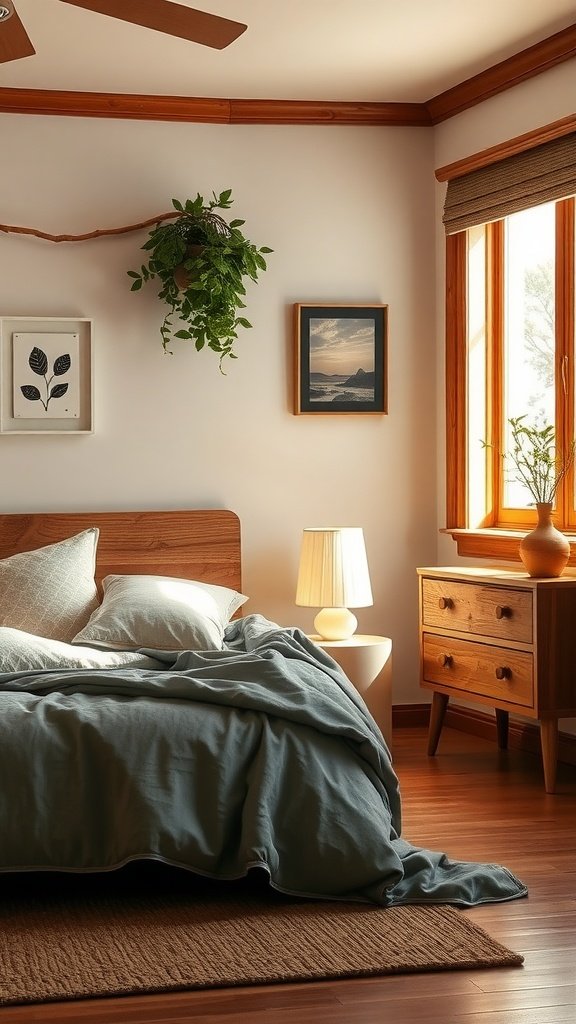 A serene bedroom featuring warm wood accents, including a wooden bed frame, nightstand, and windows, enhancing the cozy atmosphere.
