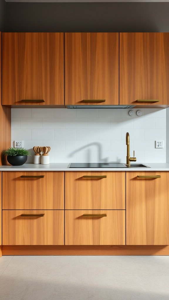 Warm wood kitchen cabinets with modern hardware and white tile backsplash.