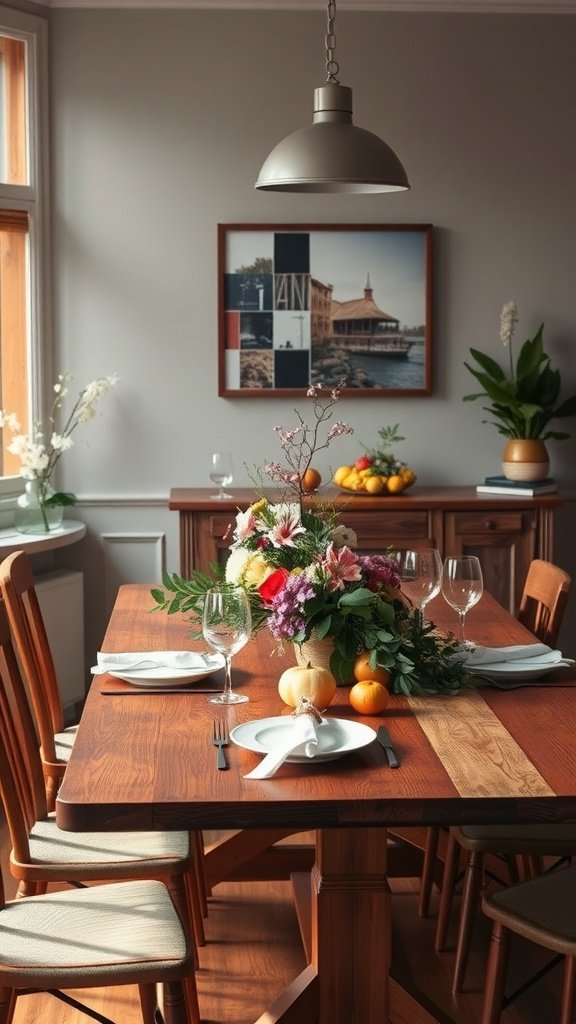 Warm wood dining table decorated with flowers and fruits