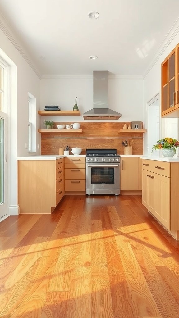 Warm wood flooring in a modern kitchen with terracotta and olive accents.