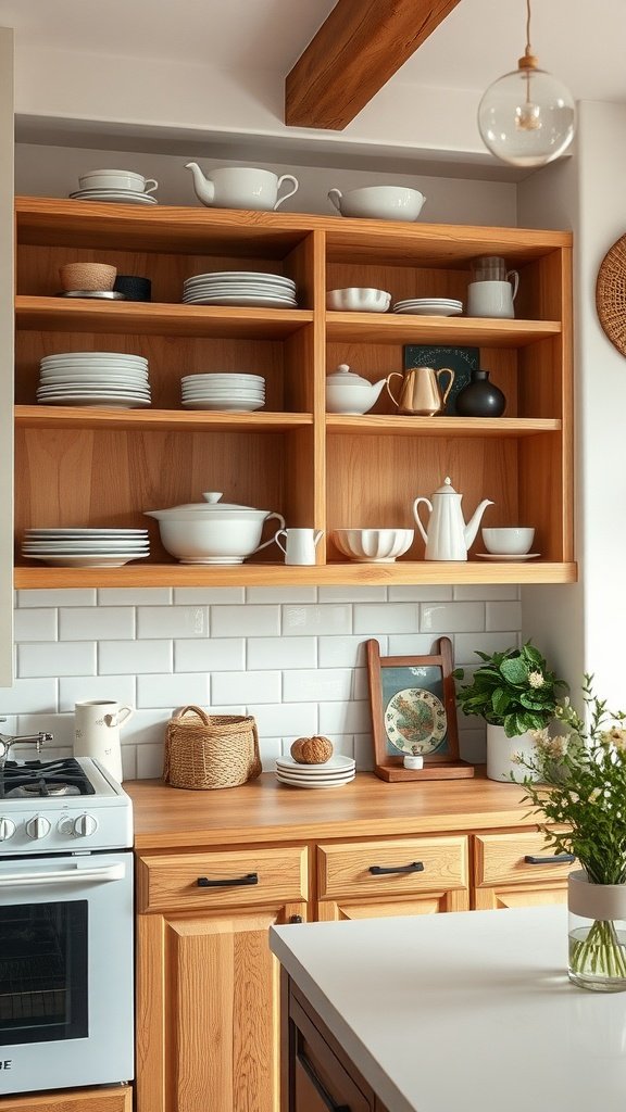 Warm wood shelving displaying white dishes and decorative items in a cozy kitchen.