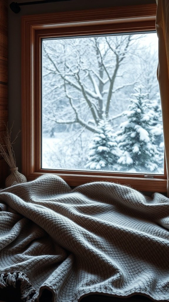 A warm wool blend blanket draped over a window sill with a snowy view outside.