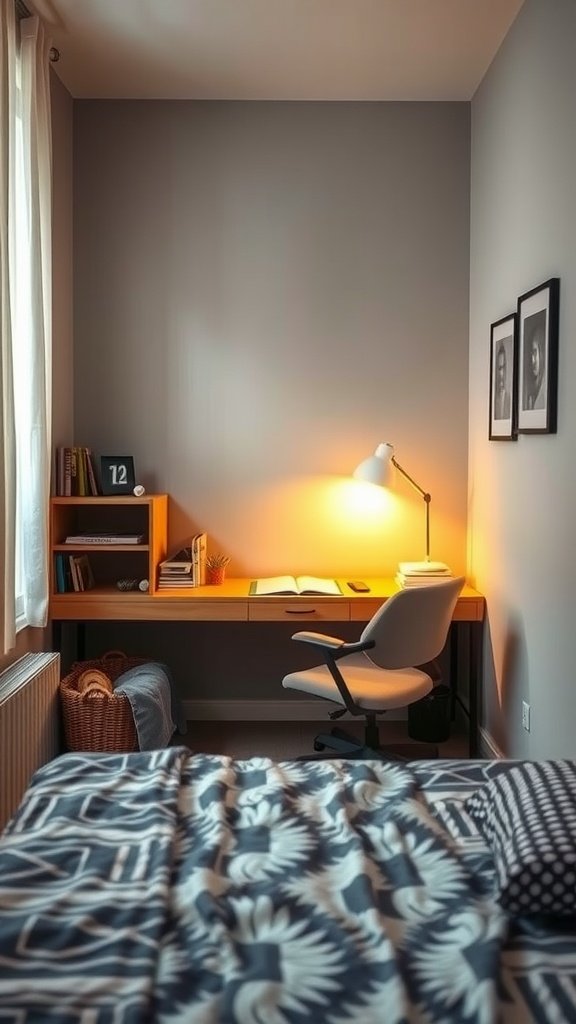 A study nook with warm yellow lighting, a desk, and bookshelves.