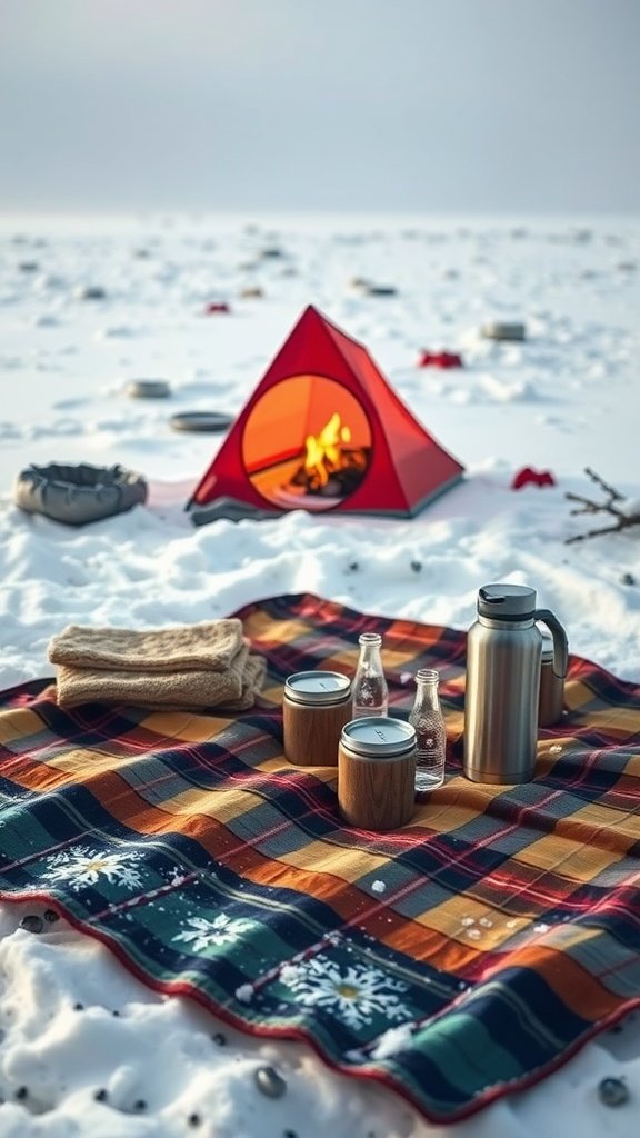 A water-resistant outdoor blanket laid out on snow with a small fire pit.