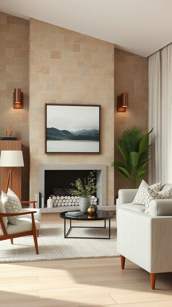 A cozy living room featuring weathered stone accents and farmhouse decor.