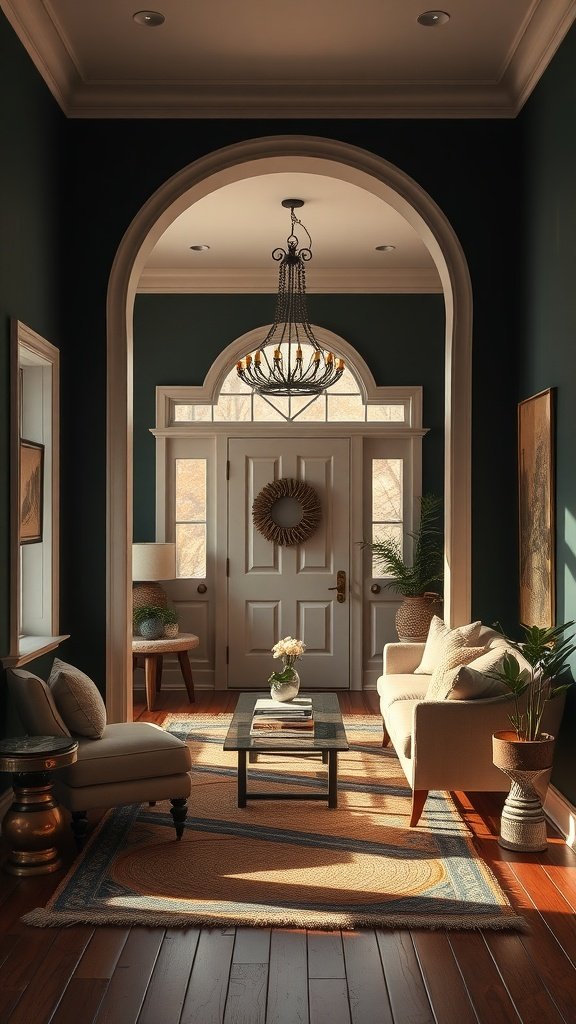 A welcoming entryway with dark walls and light furniture.