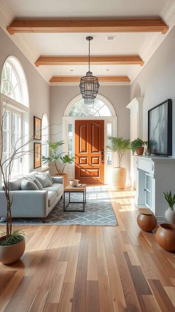 A welcoming entryway with a cozy sofa, wooden flooring, and bright natural light.
