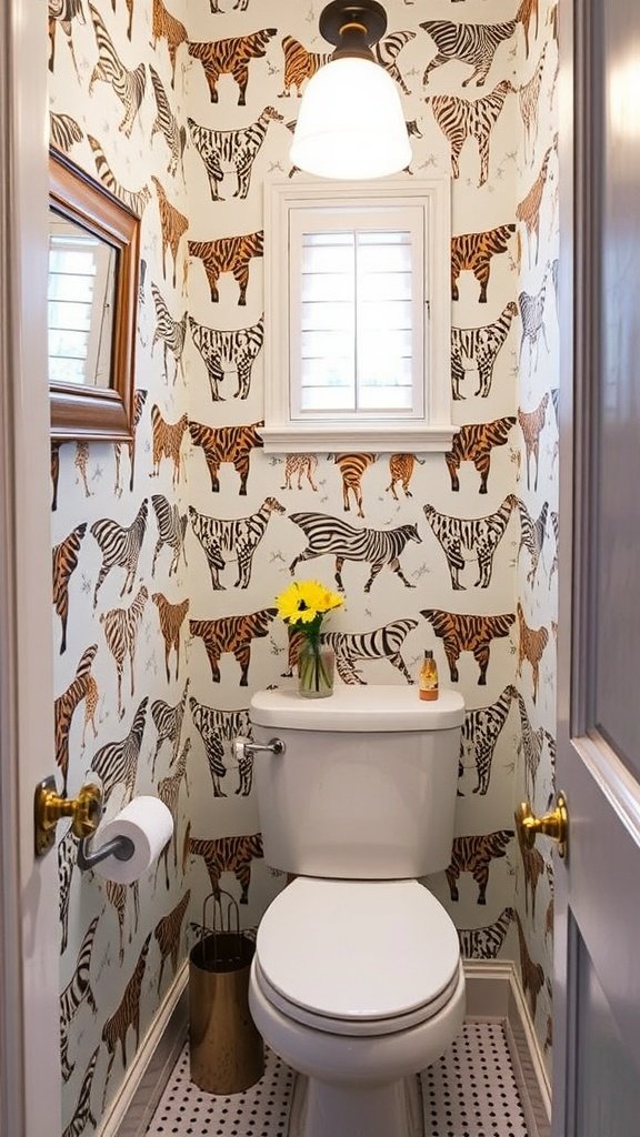 A small bathroom featuring whimsical animal print wallpaper with various cartoon-like animals.