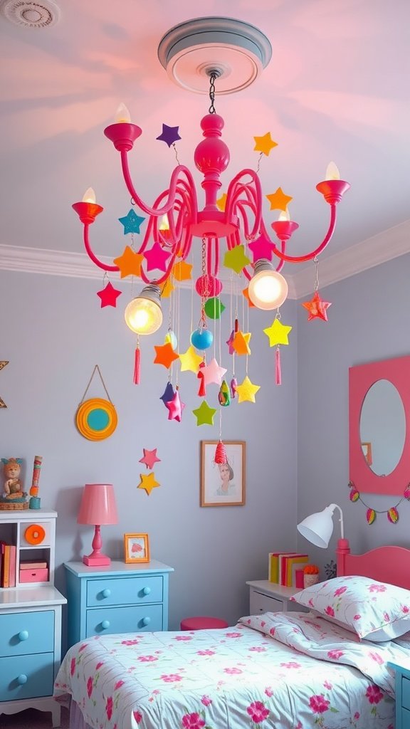 Colorful whimsical chandelier in a playful bedroom setting.
