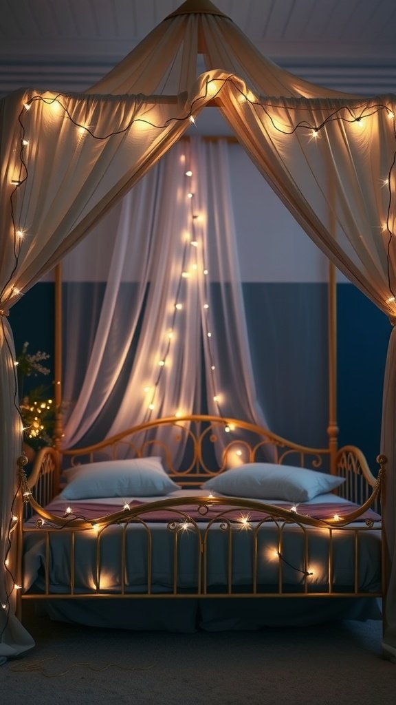 Cozy canopy bed adorned with fairy lights