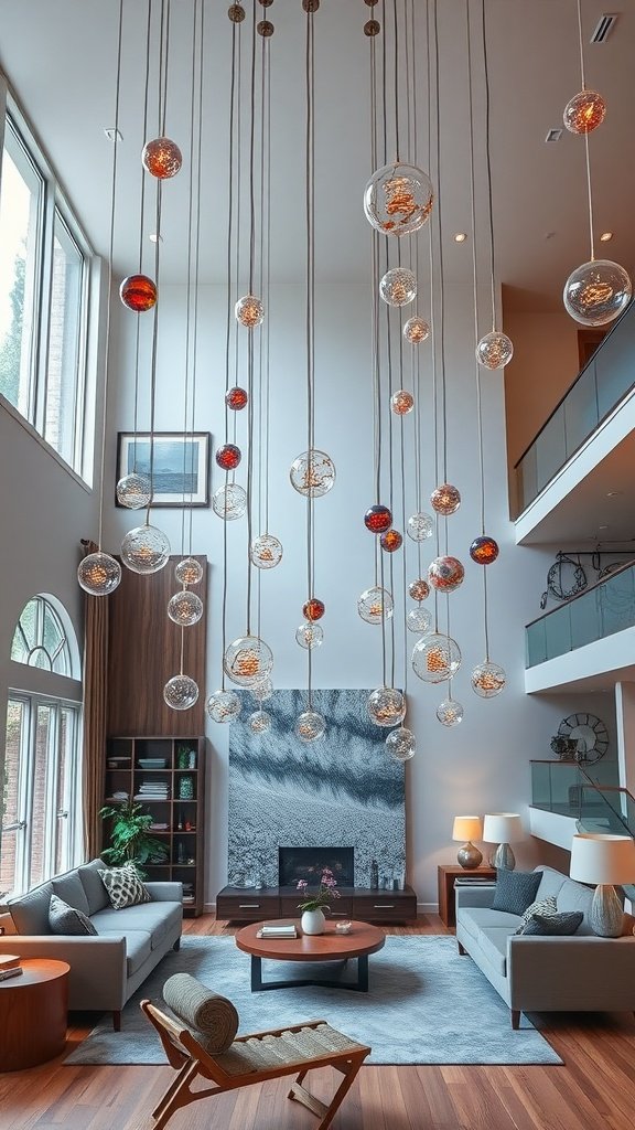 A double-height living room with whimsical hanging orbs in various colors and designs.